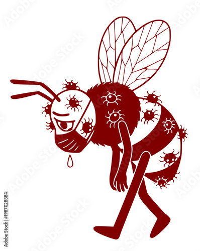 Sick cartoon bee wearing a medical mask and infected with virus walking sadly