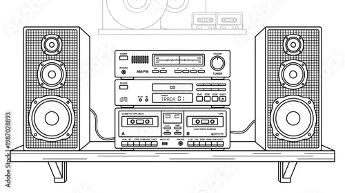 Vintage stereo system with speakers, cassette deck, and receiver on shelf