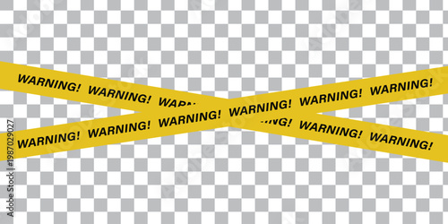 Yellow warning tape crossed over on a transparent checkered background for caution and alertness indication vector.
