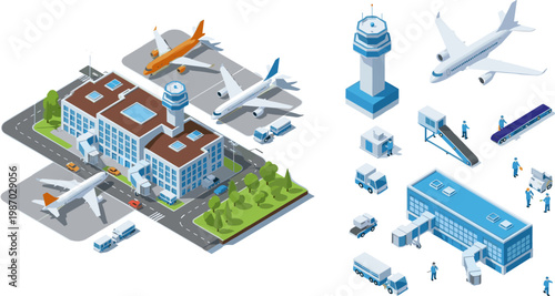 Airport Infrastructure Isometric Set with Terminal Buildings, Airplanes, Control Tower, Ground Vehicles, and Passenger Operations in Modern Transport Vector Illustration