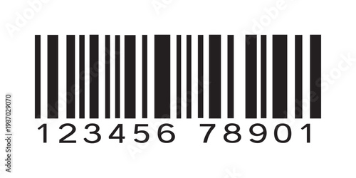 A black and white UPC barcode with 12 digits, featuring thick and thin vertical lines, on a pure white background vector illustration.