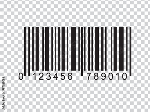 A black barcode with numbers on a transparent background with gray and white checkered pattern