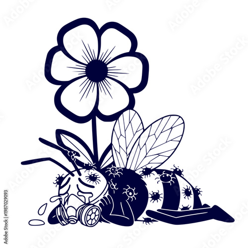 Dying cartoon bee wearing a gas mask and infected with virus lying under a flower