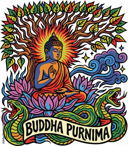 Buddha Purnima colorful illustration with tree and lotus flowers