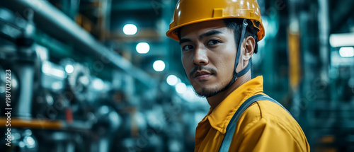 An Asian engineer in a yellow hard hat looks to the side on the production floor, demonstrating professionalism and serving as a key backdrop for industry or labour.