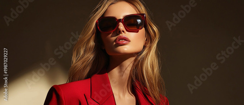 A woman in a red jacket and sunglasses poses with confidence, exuding style and providing the perfect backdrop for fashion or glamour shoots.
