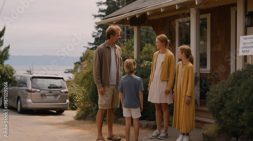Young family loading minivan outside house with foreclosure auction date sign, neighbors watching from porches across the street, candid unposed moment of displacement, financial hardship, housing l