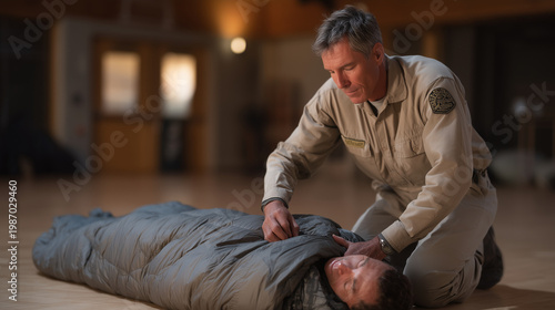 Wilderness first aid instructor demonstrates hypothermia rewarming technique on mannequin wrapped in emergency bivouac sack, community center gymnasium, evening certification class, Search and Rescu