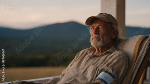 Elderly man in rural porch rocker, monitoring patch on bare forearm, rolling green hills in golden hour background, chronic disease remote monitoring, aging-in-place technology, rural geriatric care