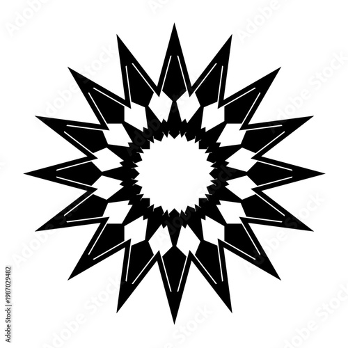 A black and white abstract flower vector illustration featuring a floral star pattern and circular ornament design for a nature-inspired logo or decorative element