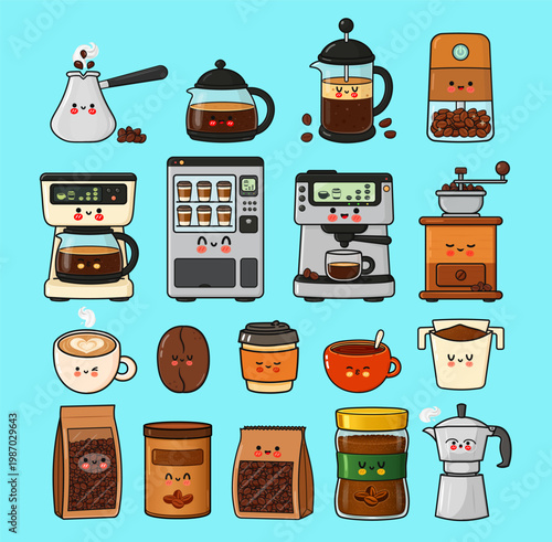 Kawaii coffee accessories and brewing equipment art