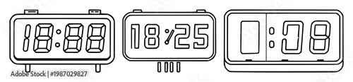 Clock set with black line art on white background featuring retro nixie tube display, minimalistic illustration, vector graphics with clocks and electronics