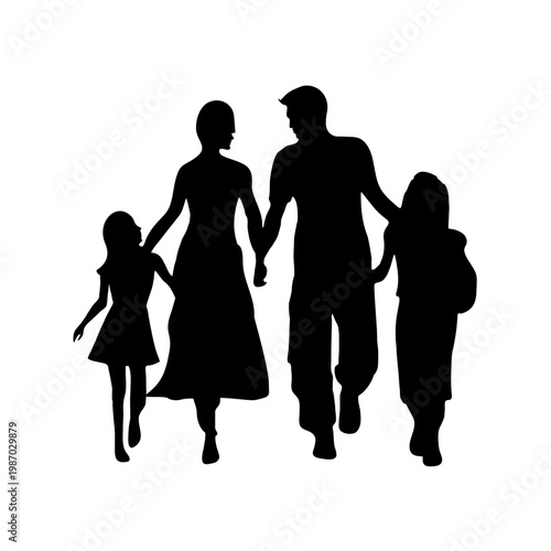 A black silhouette vector illustration of a walking group including a mother, child, and businessman, showing a family and people together in a crowd