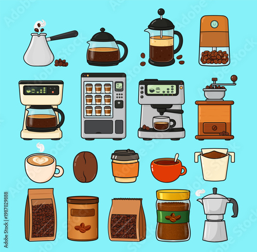 Coffee making equipment and drink flat illustration set