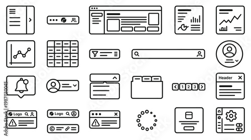 User interface dashboard components and web wireframe elements for design prototypes.