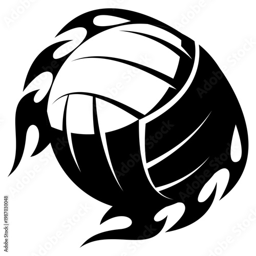 Tribal Flame Volleyball Design - Dynamic Black and White Graphic for Sports and Team Branding.