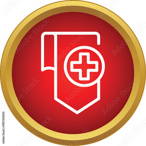Red circular icon showing a bookmark pin with a medical cross