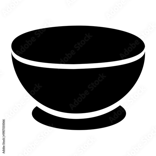 An empty black ceramic soup bowl with a spoon is isolated on a clean white background, creating a blank kitchenware object for food and cooking
