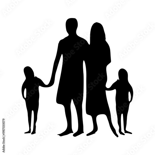 Vector illustration of a black family silhouette group featuring a father, mother, and children walking together in love
