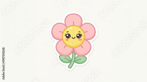 Cute spring flower character sticker with pastel petals, smiling face, and fresh seasonal colors, playful kawaii illustration for decoration and branding

