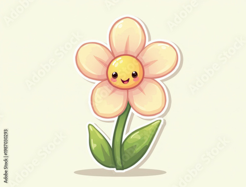 Cute spring flower character sticker with pastel petals, smiling face, and fresh seasonal colors, playful kawaii illustration for decoration and branding

