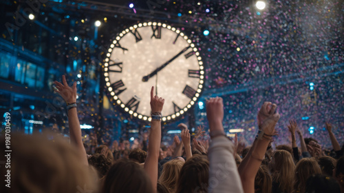 Crowd scene at a product launch countdown event, attendees craning to see a suspended illuminated clock ticking toward zero, confetti cannons loaded and ready, brand launch energy, spring pop-up exp