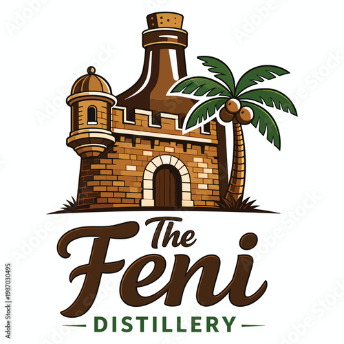 The Feni Distillery rustic emblem showcasing a stone tower, coconut palm, and a traditional liquor bottle, symbolizing artisanal spirits, heritage brewing, and local craft