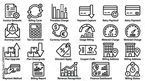Billing and payment invoice management outline icons set for corporate finance apps.