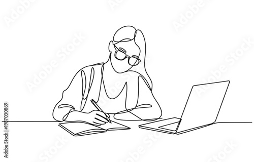 Young girl writing on the paper while studying in front of a not book.