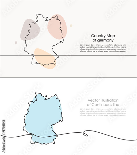 Continuous line drawing of a map of Germany. White background map for Education, Travel between German cities, infographics, Science, Web Presentations. German map concept with soft pastel colors.