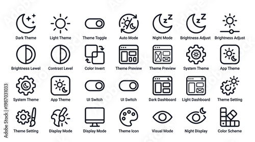 Universal set of theme and display mode icons for user interface and mobile application.