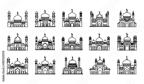 Mosque outline vector set black and white islamic architecture dome minaret collection