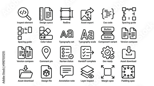 Full set of design and development process icons for project workflow and documentation.