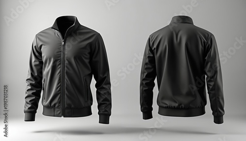 Front and back views of a blank black bomber jacket. Modern apparel mockup for design projects. Minimalist clothing template for branding. Clean garment isolated for commercial use.
