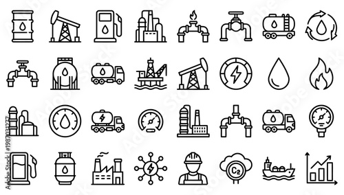 icon set in modern clean line style representing oil and gas industry, petroleum energy, fuel production, and industrial transportation