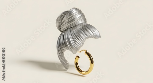 Abstract Sculpture of Silver Hair Bun with Gold Hoop Earring, Minimalist Style