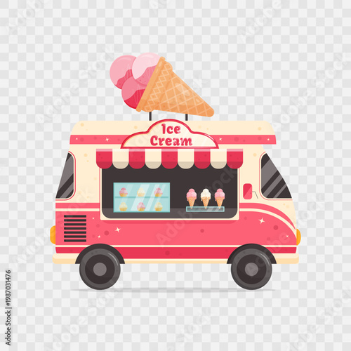 Cute pink food truck with ice cream isolated on transparent background.Fast food on on wheels concept.Street cafe.Catering car.Pink and white van with ice cream.Cartoon flat style.Vector illustration.
