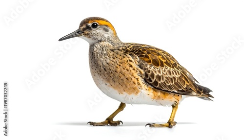 A side view of a small shorebird against a stark white background. It exhibits mottled brown and tan plumage, with a distinctive gold stripe above its eye