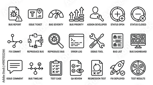 Software bug report and testing icons for quality assurance and debugging management.