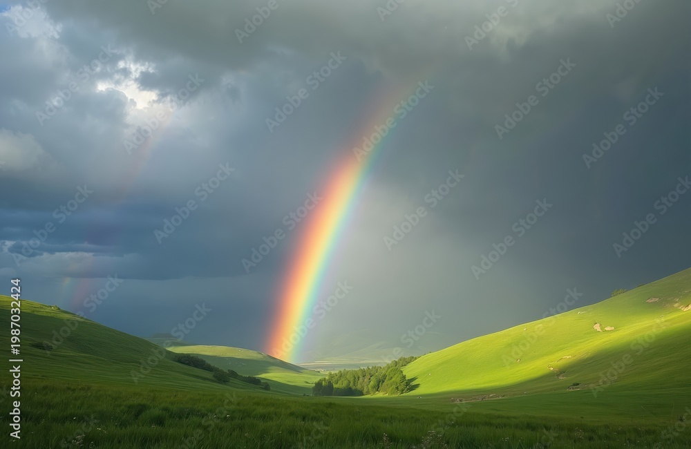 Fototapeta premium Arching rainbow spans across vast green hills under dramatic storm clouds. Sunlight breaks through clouds, illuminating slopes. A beautiful natural phenomenon appears after rain.