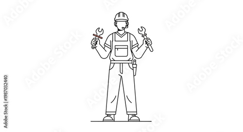 Illustration of a tradesman wearing overalls and a hard hat, holding two wrenches, representing repair and maintenance services
