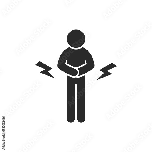 Simple pictogram of person holding stomach with pain marks representing abdominal pain and digestive issues. Medical icon suitable for healthcare, symptoms illustration, clinics, apps, and infographic