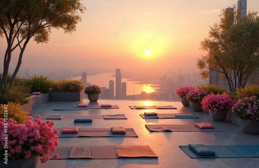Obraz premium Rooftop deck with yoga mats arranged for class. Cityscape view with sunrise over water. Buildings reflect golden sun. Flowers in pots add color.