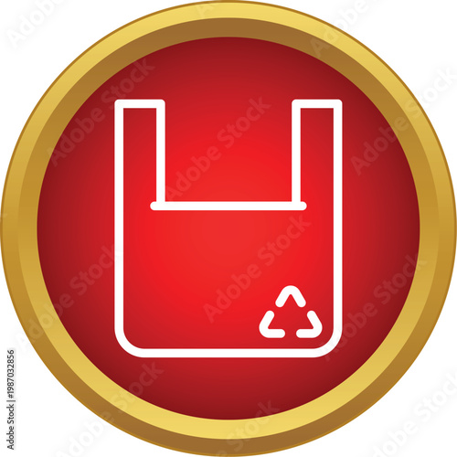 Plastic shopping bag displaying a white recycle symbol on a red and gold button