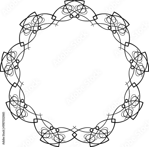 Frilly black round frame. Ornate composition of swirls and curved lines. Geometry ethnic ornament on transparent background. Monochrome mandala of Celtic knots