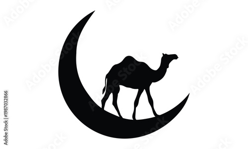 Black Camel Silhouette on Crescent Moon Minimal Desert Night Illustration