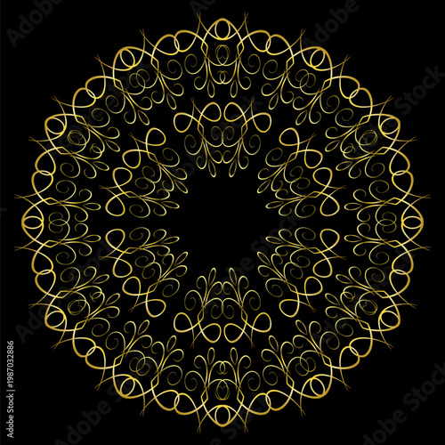 Round lattice. Ornate composition of swirls and curved lines. Golden round geometry ethnic ornament on dark background. Complex mandala on intertwined lines