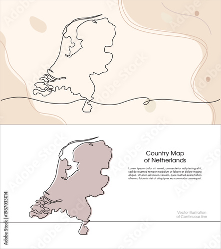 A continuous line drawing of a map of the Netherlands. Map design for educational purposes, travel between Dutch cities, infographics, science, and web presentations. Map with soft pastel colors.