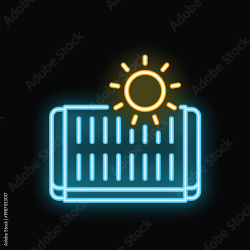 Blue neon icon of a solar panel absorbing yellow sunlight, symbolizing clean and sustainable energy generation