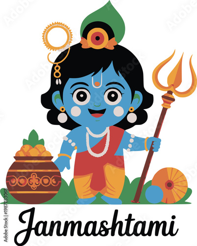 Happy Janmashtami Celebration with Blue Hindu God Cartoon Character